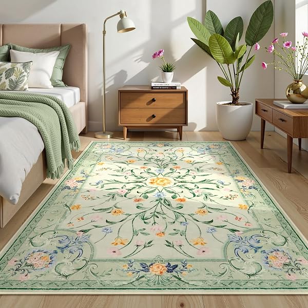 MOREBES 5X7 SAGE GREEN AREA RUGS, WASHABLE FLORAL...