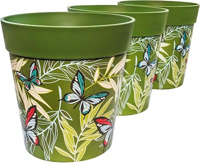 Hum Flowerpots 22cm Set of 3 Indoor Outdoor Plastic Plant Pots Green Butterfly
