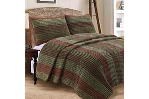 Cozy Line Home Fashions Hand Piecing Rhett Dark Brown Sage Green Bold Striped Velvet Reversible Quilt Bedding Set, Coverlet, Bedspread for All Seasons (Brown Sage, Queen - 3 Piece)