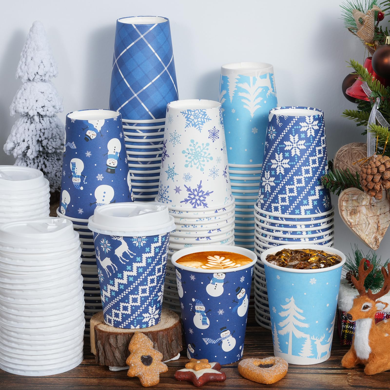 Photo 1 of 100 Set Christmas Coffee Paper Cups with Lids 12oz, Bulk Disposable Winter Coffee Cups, 5 Styles Xmas Holiday Cups for Hot Chocolate Cold Drinks Christmas New Year Winter Party Supplies Decorations