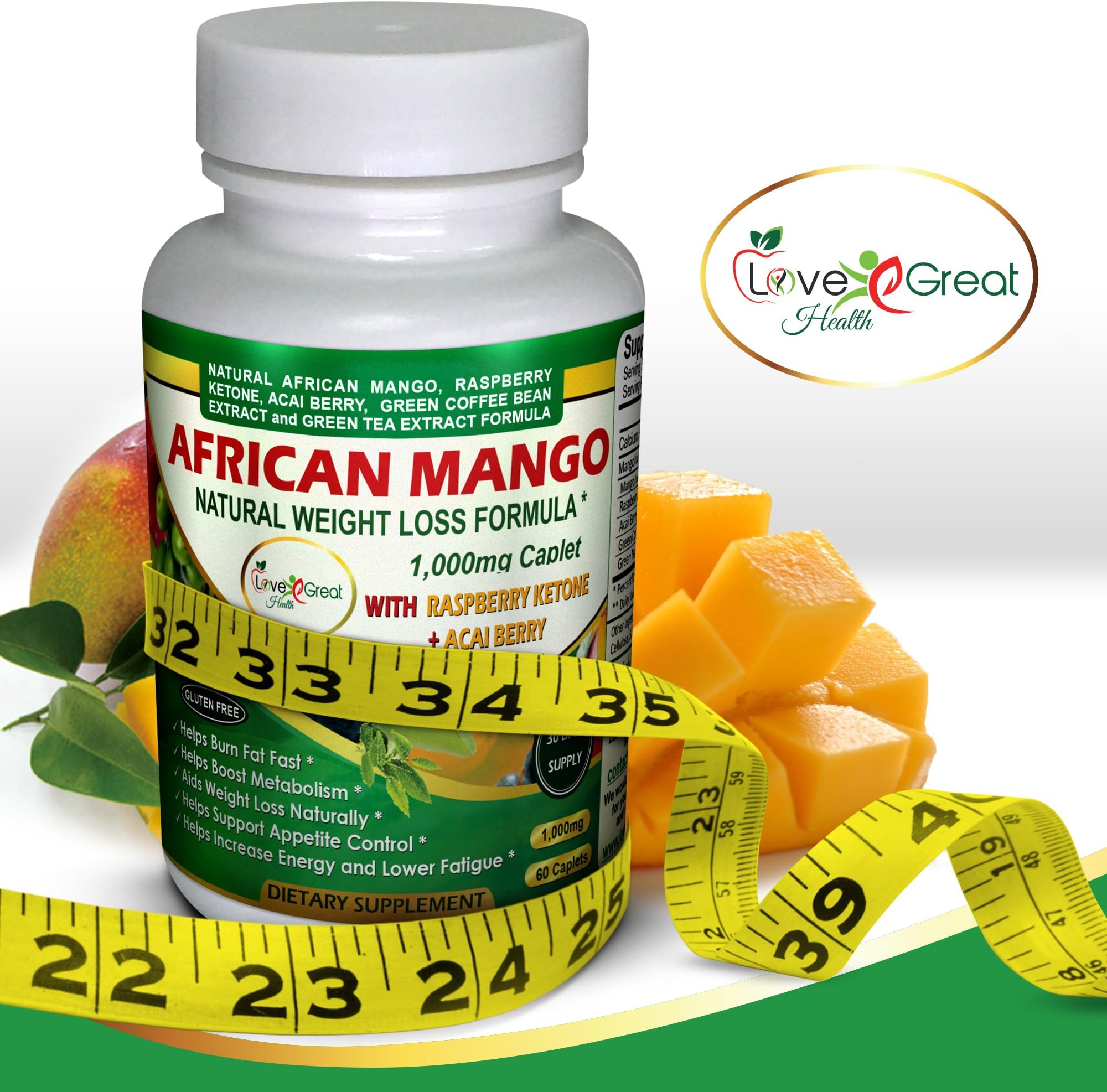 African Mango Natural Weight Loss Formula 1000MG 60 Caplets Helps Leptin Levels - Raspberry Ketones Acai Berry Green Tea - Helps Women and Men Lose Weight Burn Fat Fast, No Side Effects - Made in USA