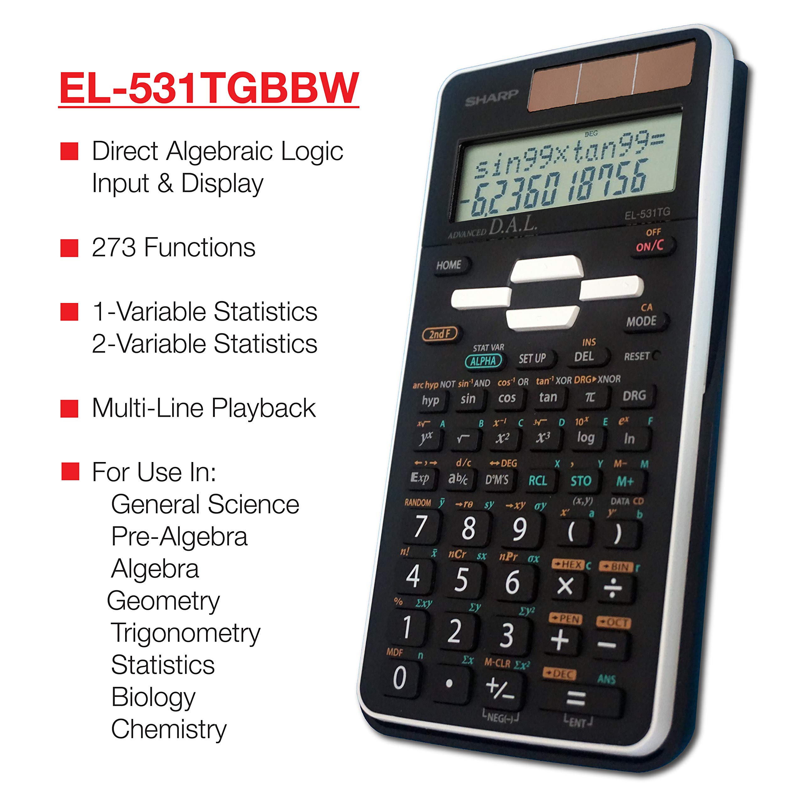 Sharp EL-531TGBBW 12-Digit Scientific/Engineering Calculator with Protective Hard Cover, LCD Display, Great for Students and Professionals, Black