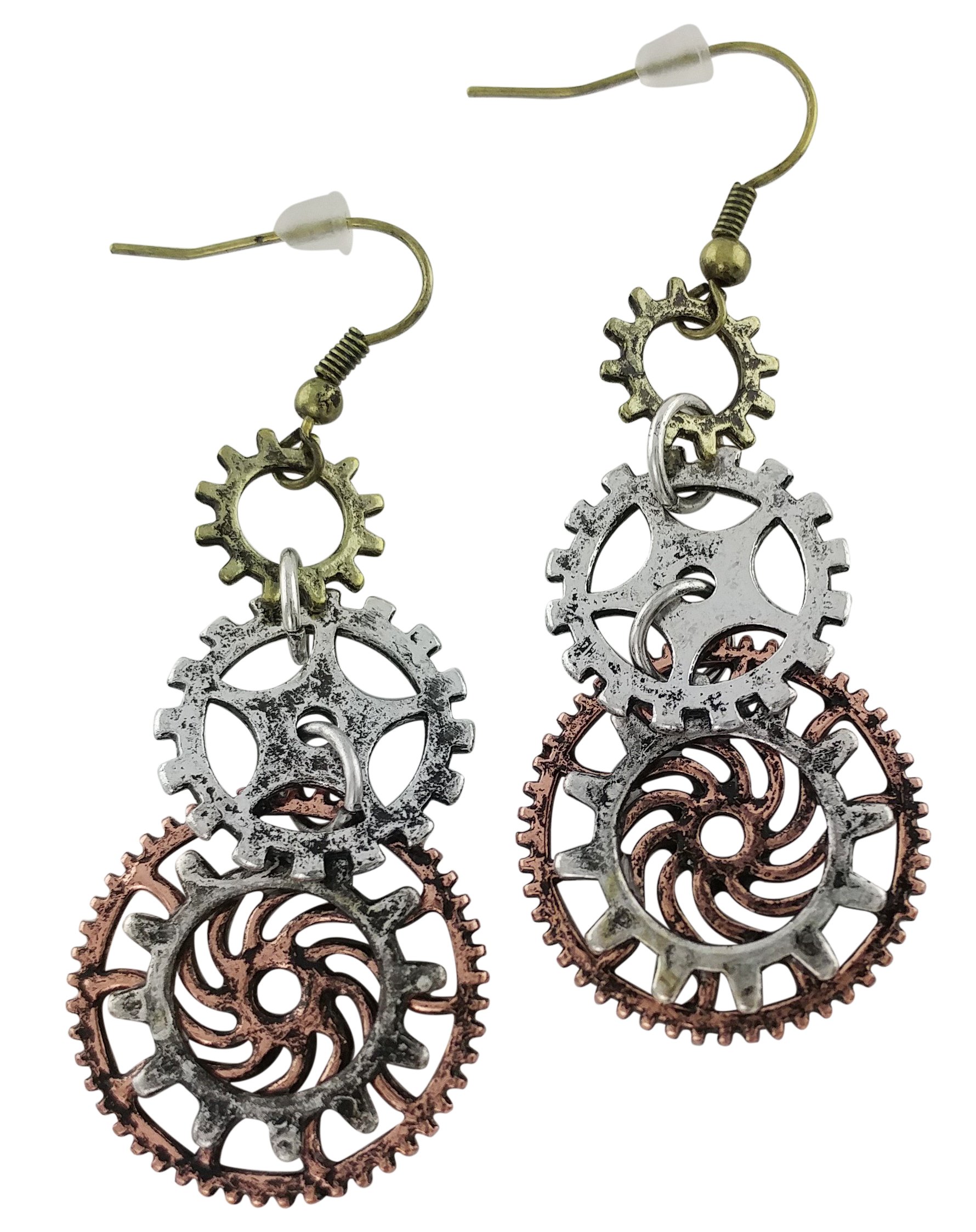Triple Steampunk Clock Wheel Gear Earrings Made For Sensitive Ears