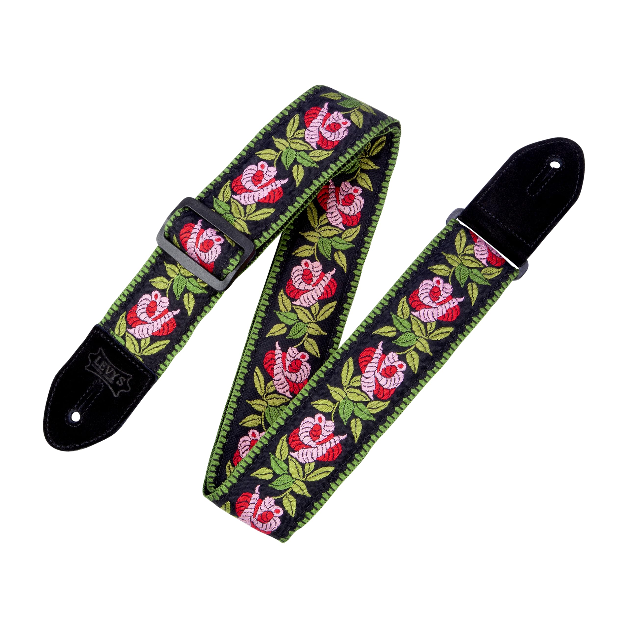 Levy's Leathers 2" Fabric Guitar Strap Rosa Design, Hot Rosa Pink, Green, and Black (MC8JQ-003