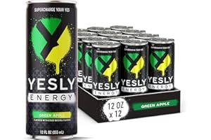 Yesly Energy - All Natural Clean Energy Drink - Zero Sugar Functional Energy – 114mg of Green Tea Extracted Caffeine Per Serving - Green Apple, 12 Fl Oz (Pack of 12)