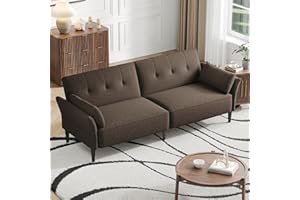 COPIAE 89” Futon Sofa Bed, Linen Comfy Futon Couch Bed with 2 Square Pillows, Convertible Sleeper Sofa with Adjustable Backrest& Armrests, Modern Loveseat Sleeper for Living Room, Bedroom, Brown