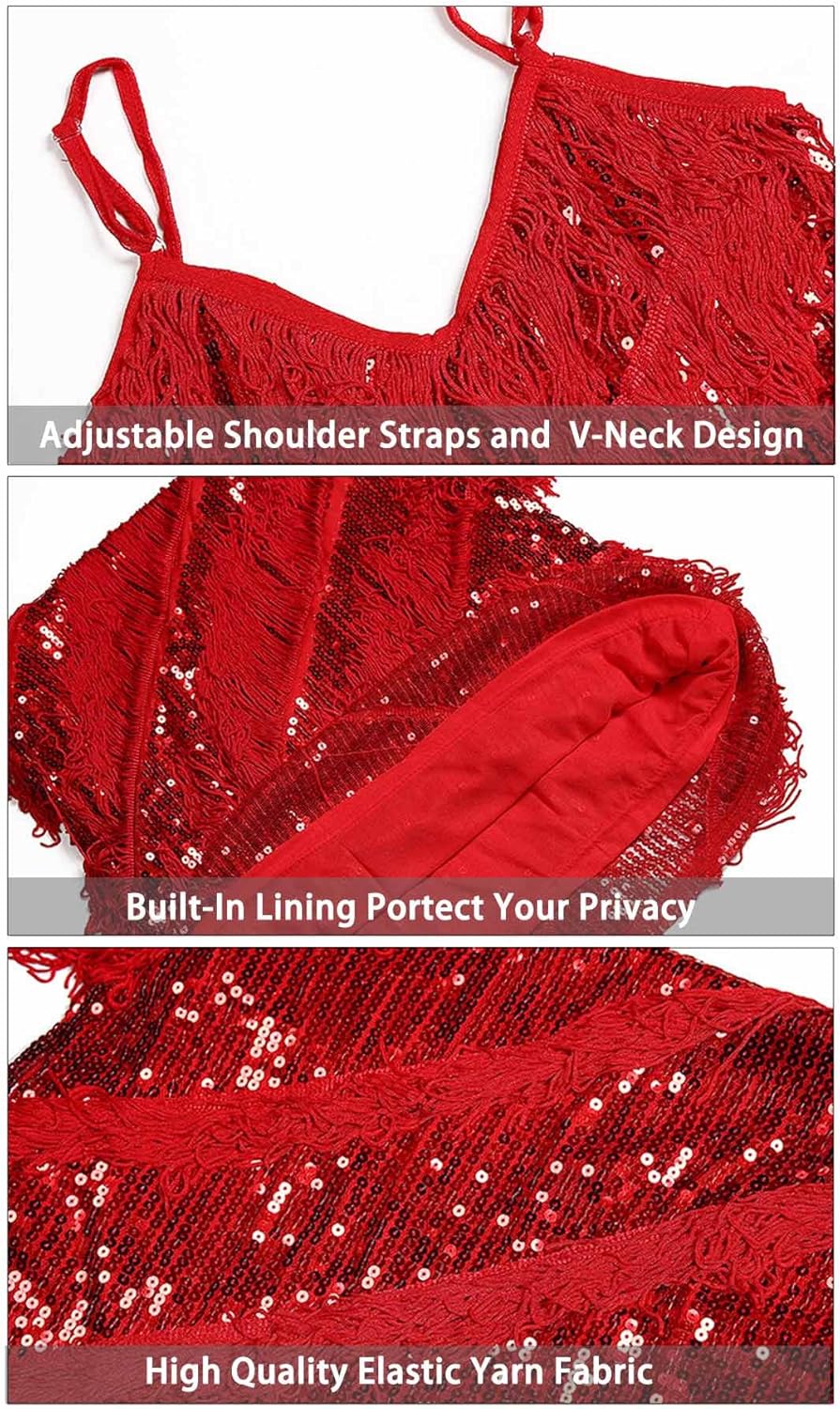 Adult Women 1920s Party Flapper Dress Sexy Sequin Halter Dance Dress for Salsa Samba Rumba Tango Latin Dancing Red: Clothing
