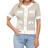 LCXWFE Womens Cropped Short Sleeve Cardigan Sweaters Crew Neck Button Down Tweed Cardigans Knitwear Tops with Pockets