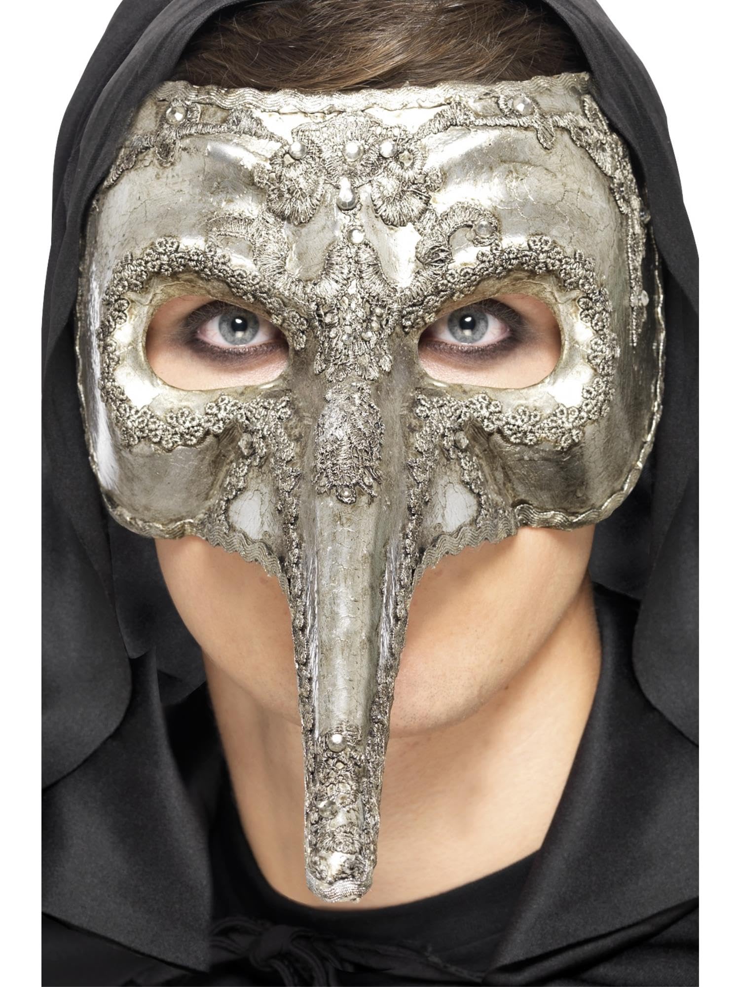 Smiffys Luxury Venetian Capitano Mask, Silver , Eyemasks Fancy Dress, Adult Dress Up Eye masks