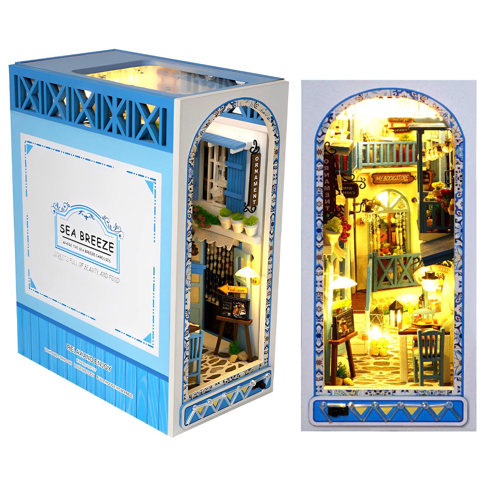 3D Wooden Puzzle DIY Book Nook Model Kits Bookshelf Insert Decor with Warm Light DIY Miniature Dollhouse Creative Educational Bookend Building Kits for Kids Adults