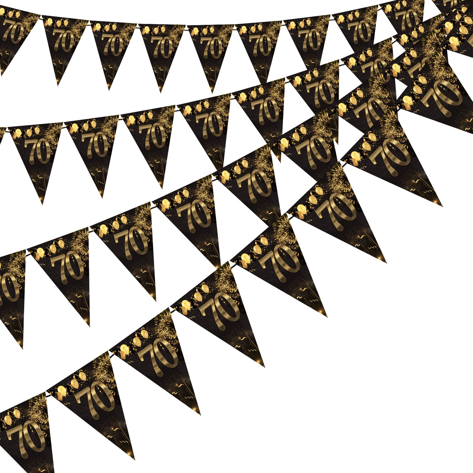 70th Happy Birthday Banner Bunting Flags 40 Pieces Gold and Black Glitter Birthday Anniversary Theme Party Decoration Supplies