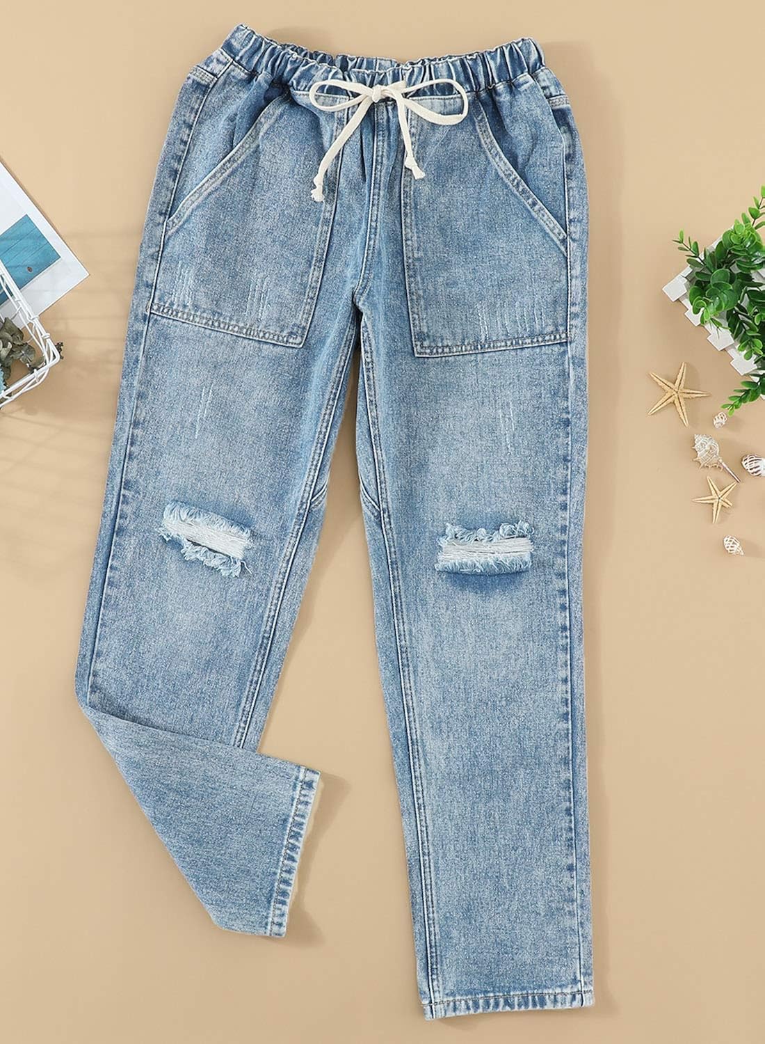 Sidefeel Women Pull-on Distressed Denim Joggers Elastic Waist Stretch Pants at  Women's Jeans store