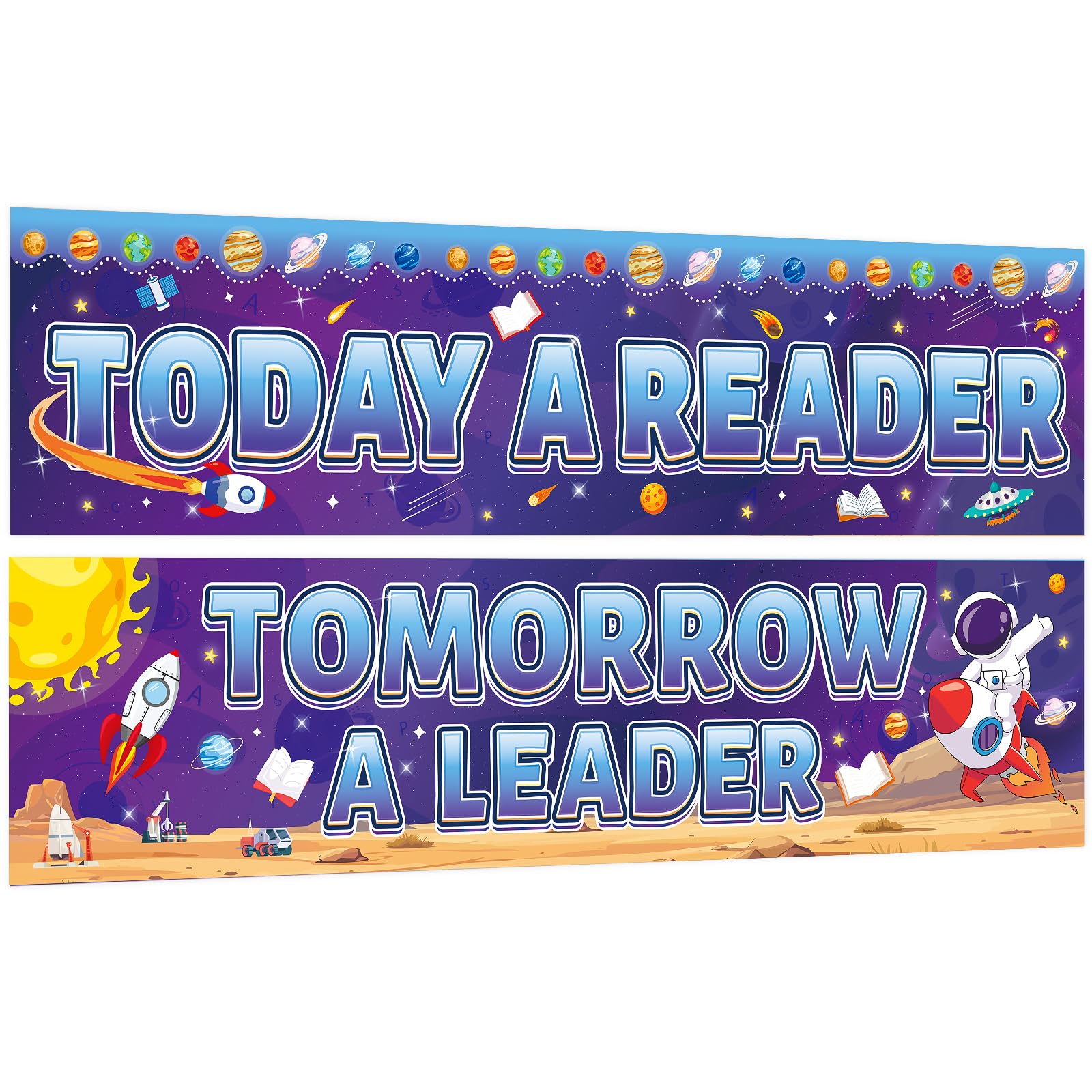 Photo 1 of COCHIE Back to School Classroom Decorations Banner Poster, 2 Sheet Large Reading Banner Posters for Wall Door Decor Kindergarten Preschool Elementary Primary Middle High School (Outer Space, Read)