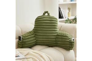 WERDIM Reading Pillow for Sitting in Bed, Faux Fur Back Pillow for Bed Rest, Bed Chair Pillow with Arms and Pockets(Standard, Sage)