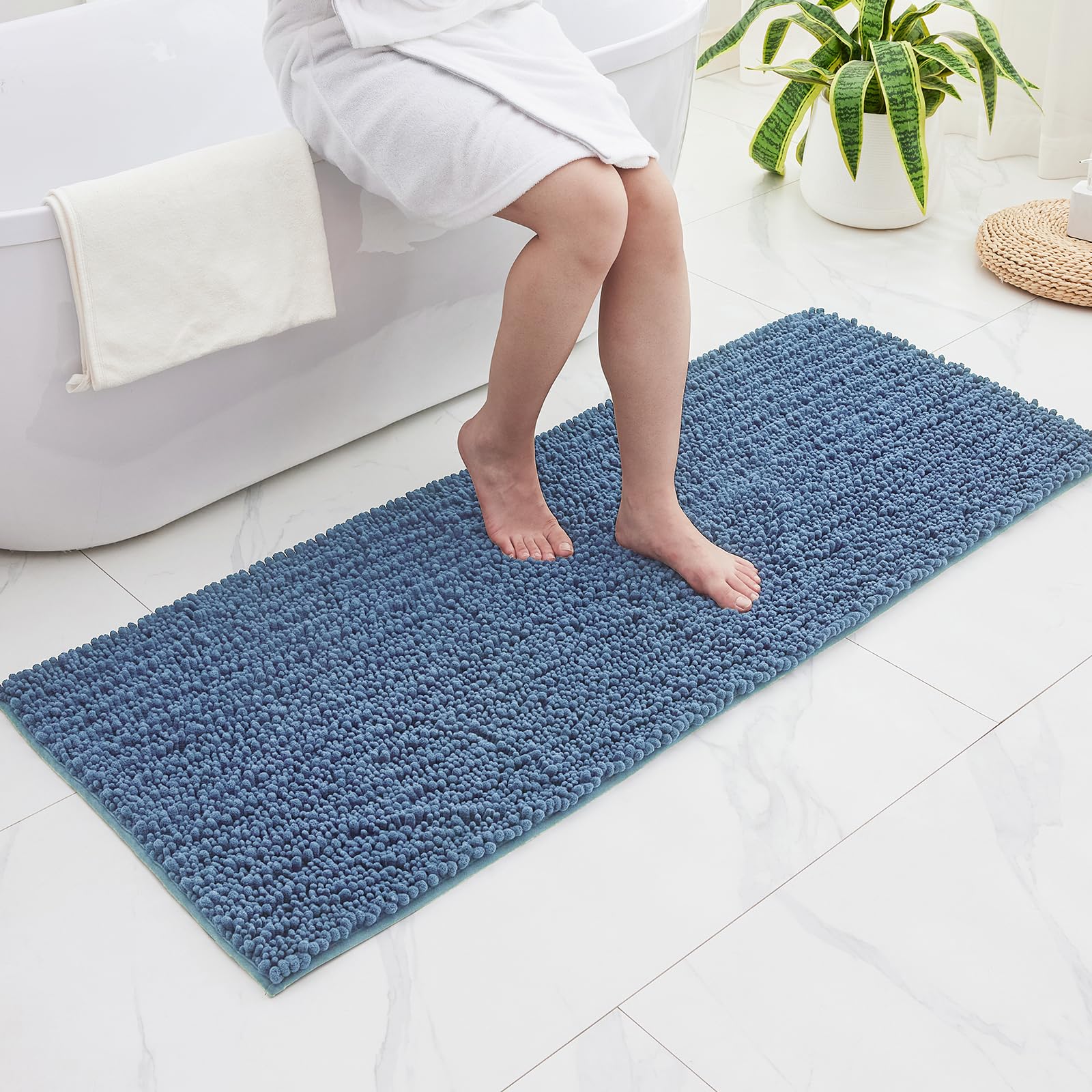 Disolla Blue Bathroom Runner Rug 24x70 Inch - Extra Long Chenille Bath Mat, Luxury Shaggy Plush Absorbent Rug, Non-Slip Large Runner for Floor and Laundry Room
