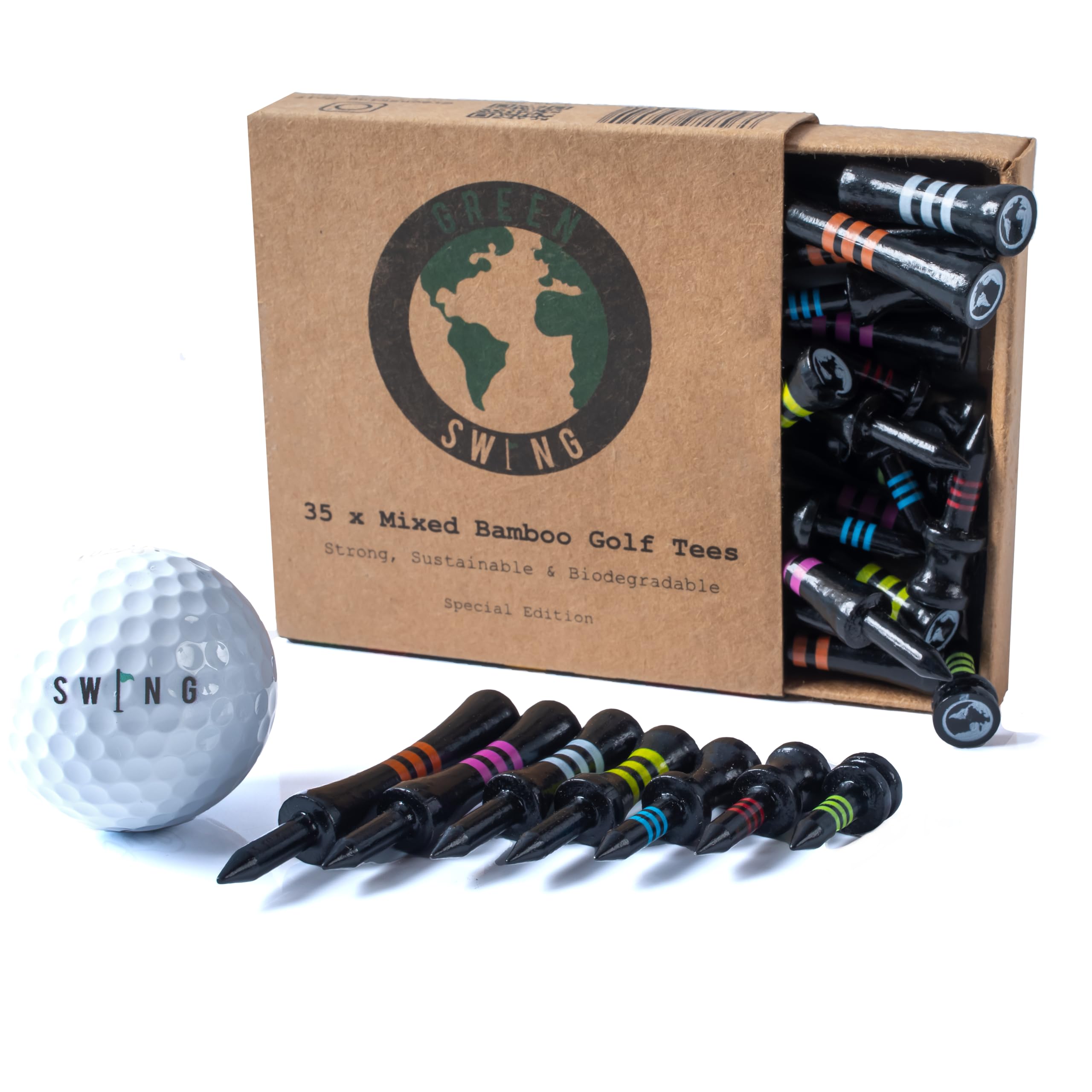 Green Swing Bamboo Golf Tees Mixed Sizes | Strong Sustainable Biodegradable | Seven Sizes Castle Tees | 35pcs (Black Special Edition)