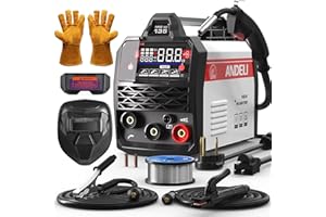 ANDELI 135A MIG Welder,110V/220V [Large LED Display] 3-in-1 Welder Flux Core MIG/Lift Tig/Stick Multiprocess Gasless MIG Welding Machine with Synergy，2T/4T Full Kit (Bonus Welding Helmet & Gloves)