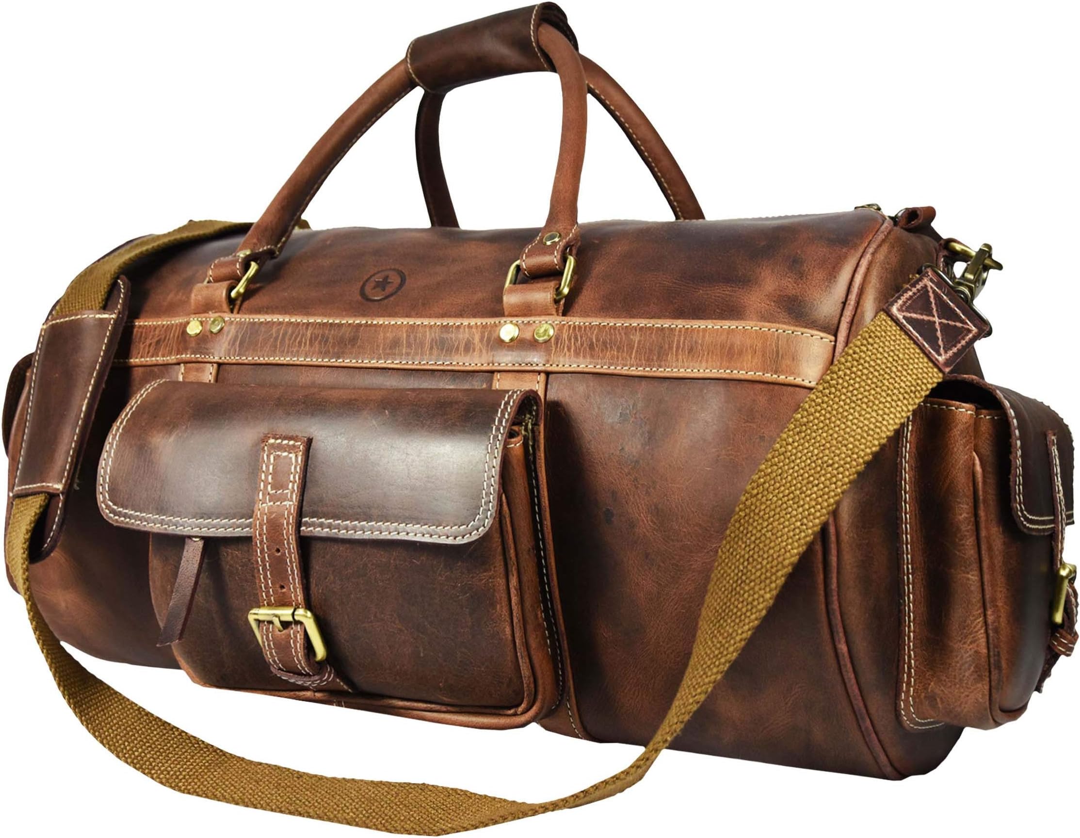 Full Grain Leather Travel Duffle Barrel Bag With Adjustable Straps | Large Compartment & Zippered Side Pockets Weekend Overnight Bag (Cedar, 24 Inch)