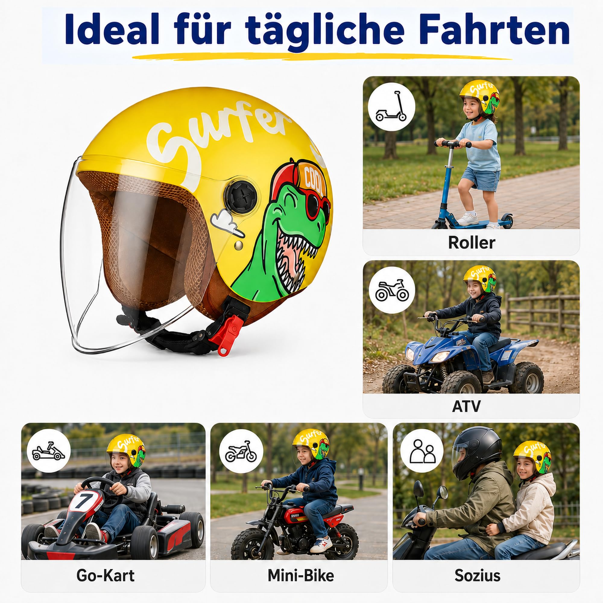 FREEUP Motorradhelm Kinder Mädchen Junge, Kid Jet Helm mit Visier, Dinosaurier Mofa Helm Kids Scooter Fahrradhelm, Schnellverschluss, Herausnehmbar, Waschbar, 48-55cm, Gelb 5