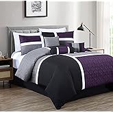 Chezmoi Collection Upland 7-Piece Quilted Patchwork Comforter Set, Purple/Black/Gray, Queen