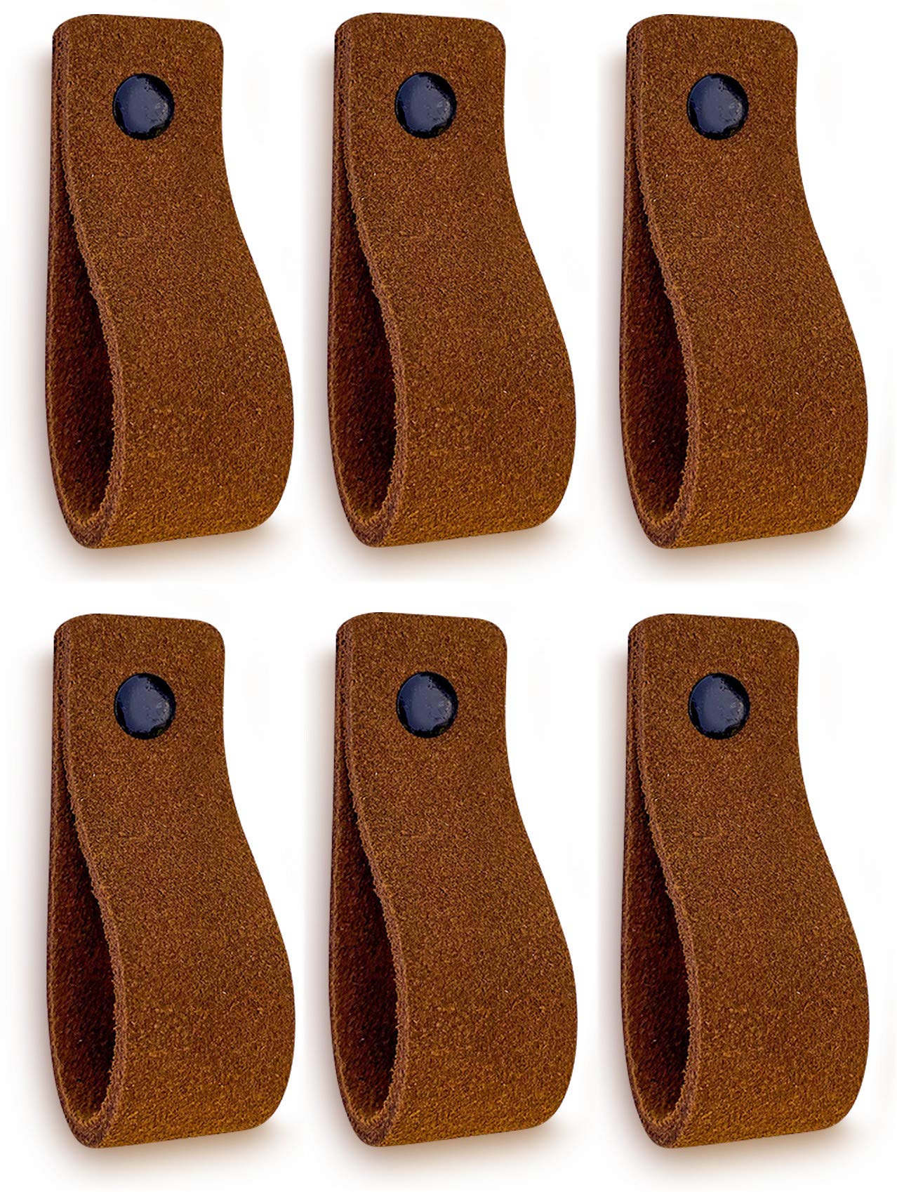 Brute Strength - Leather Handles for Furniture - Suede - Cognac - 6 pcs - 16,5 x 2,5 cm - Cabinet Handle, Door Handle for Kitchen, Bathroom, cabinets, Dresser, Wood