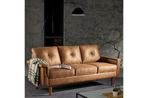 XIZZI 71" Mid-Century Modern Sofa Couch,Faux Leather 3 Seater Sofa w/Key Armrest and Comfortable Cushions,Comfy Deep Seats Sofa Small Couch for Living Room Office Apartment Small Space (Brown)