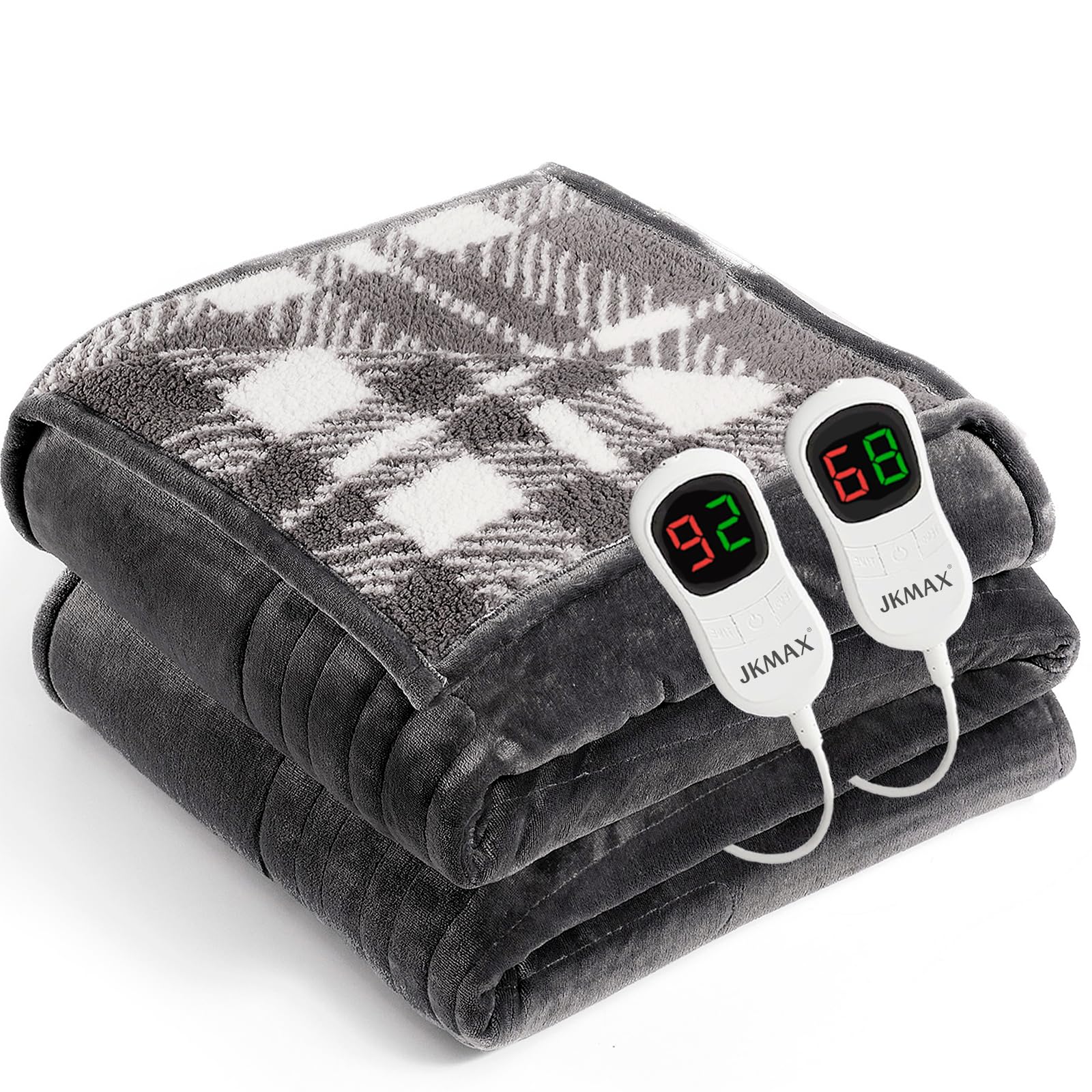 View 1 of ***MISSING TEMP CONTROL REMOTE*** JKMAX Heated Electric Blanket King Size - 100"x90" Flannel Heating Blanket with 10 Heating Levels & 5 Time Settings Over-Heat Protection, Winter Warmer for Adults with ETL Certification?Grey?