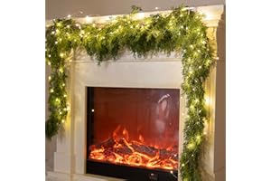 6FT Christmas Garland PARTY JOY Cedar Garland with 9.8FT LED String Lights, Greenery Plant for Christmas Decorations Table Mantle Background Wall Room Outdoor Indoor Winter Decoration
