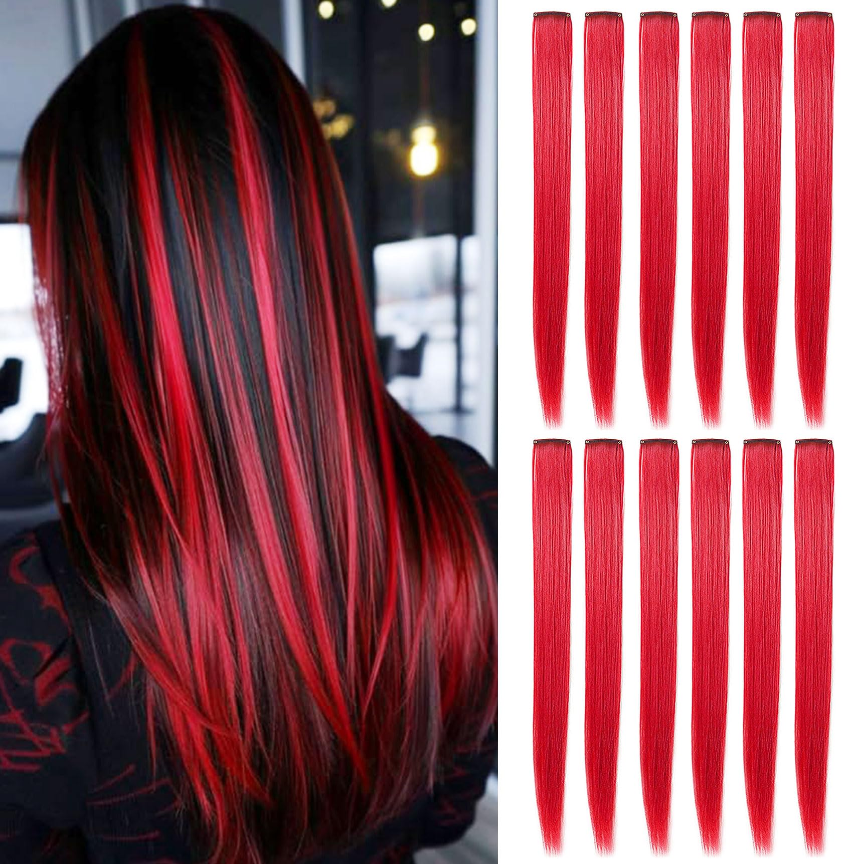 Fcysws 12Pcs Red Hair Extensions Clip in kids,21 Inch Heat-Resistant Synthetic Straight Hair Accessories for Women Girls Gift Party Highlights Hairpiece (Red)