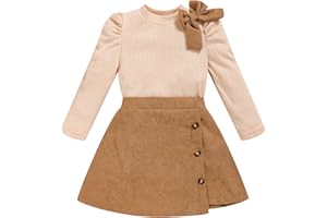 TITKKOP Toddler Girl Plaid Outfits Fall Winter Dress Knit Ribbed Bow Sweatshirt Tops and Button Fashion Skirts Set