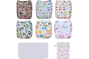 TDIAPERS Cloth Diapers Washable Reusable One Size Adjustable for Baby 6 Pack with 10 Inserts, 1 Wet Bag
