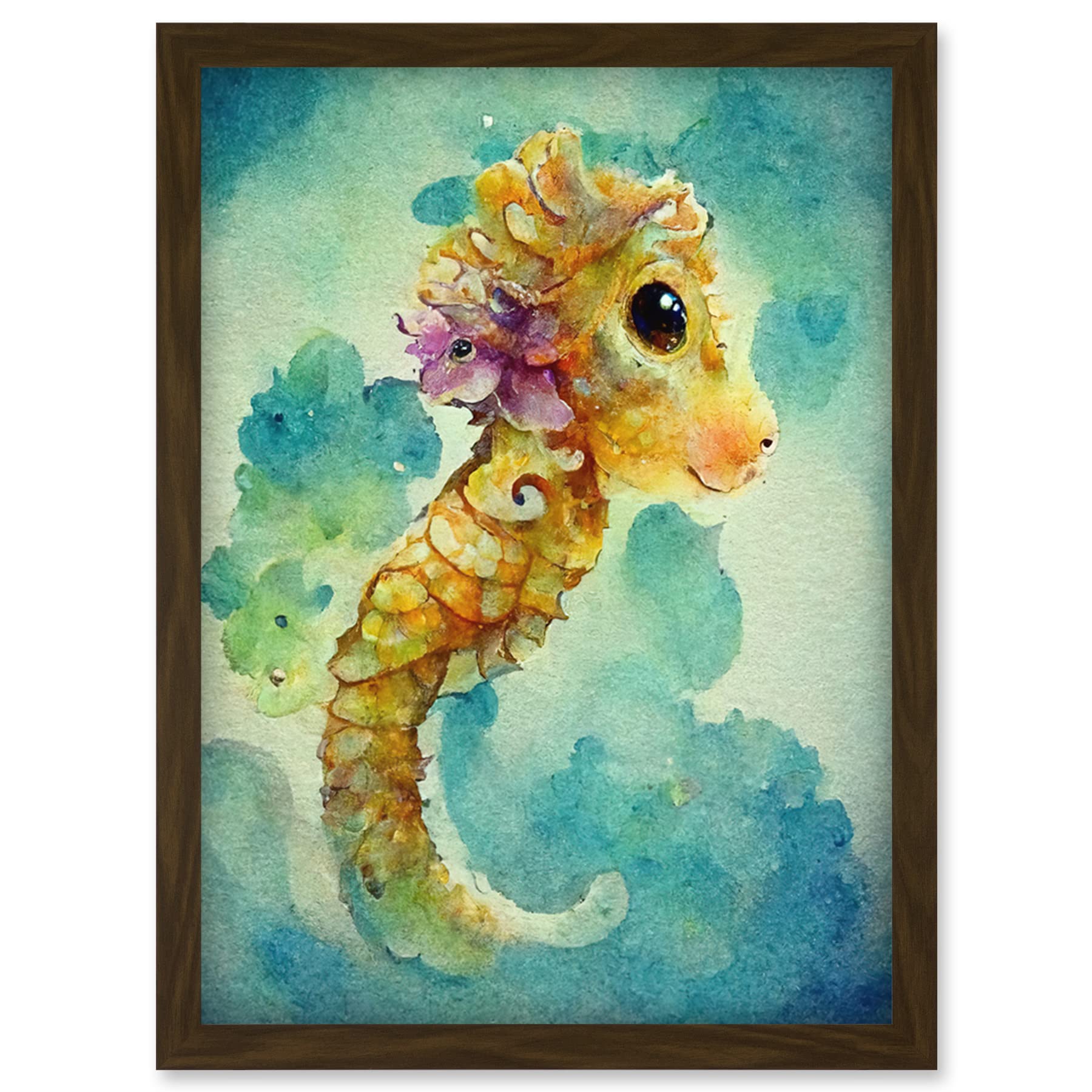 Doppelganger33 LTD Cute Baby Seahorse Kids Bedroom Watercolour Illustration Artwork Framed Wall Art Print A4