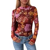 PRETTYGARDEN Womens Floral Mesh Long Sleeve Tops Fall Slim Fitted Shirts | Going Out Tops, Mock Neck, Lightweight Soft, Thumb Holes, Floral & Leopard Print, Party Date Night Outfits, Y2K Clothes