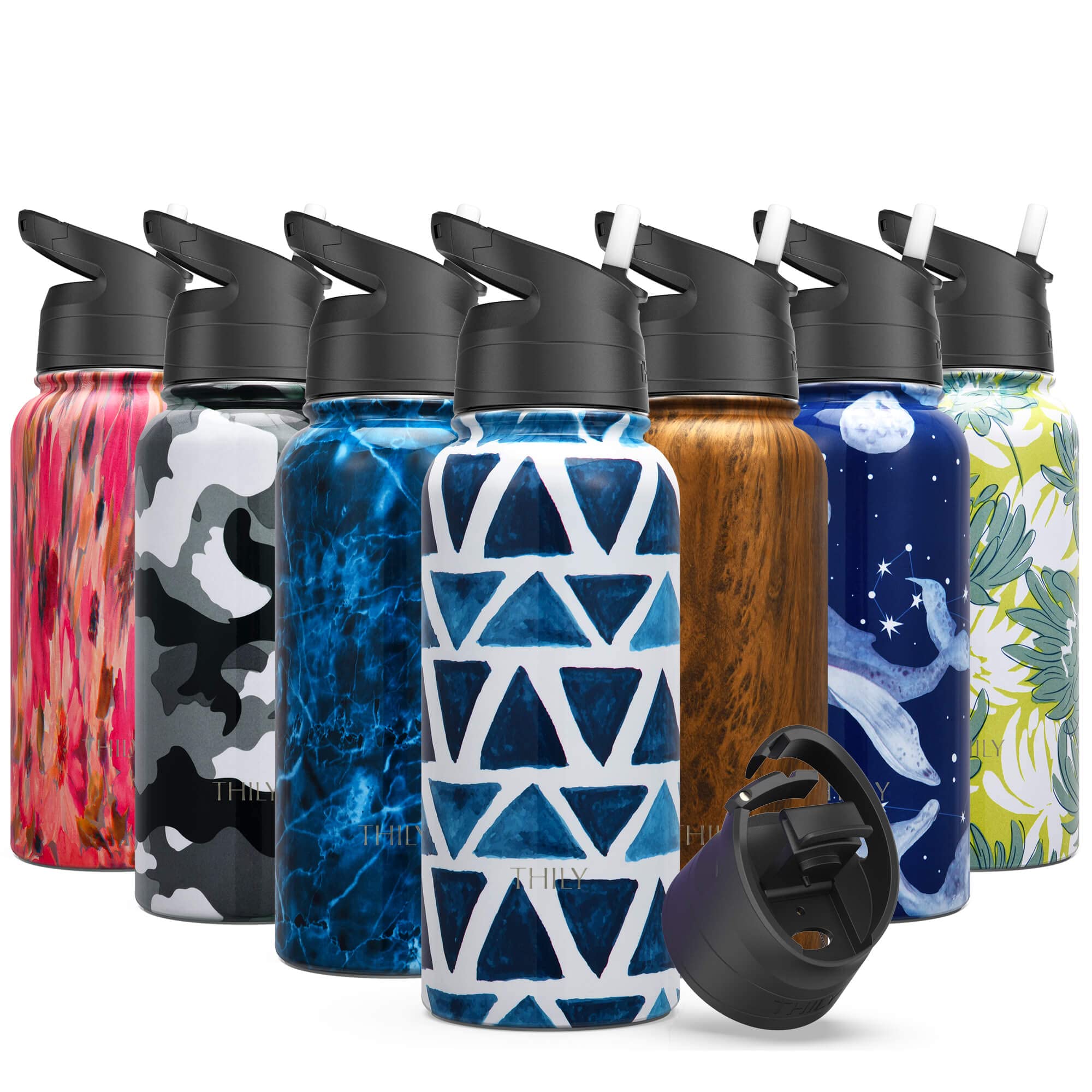 Stainless Steel Insulated Water Bottle - THILY Triple Insulated 945 ml Leakproof Wide Mouth Thermo Mug with 2 Lids and Straws, for Gym, Travel, Hiking, Blue Triangle