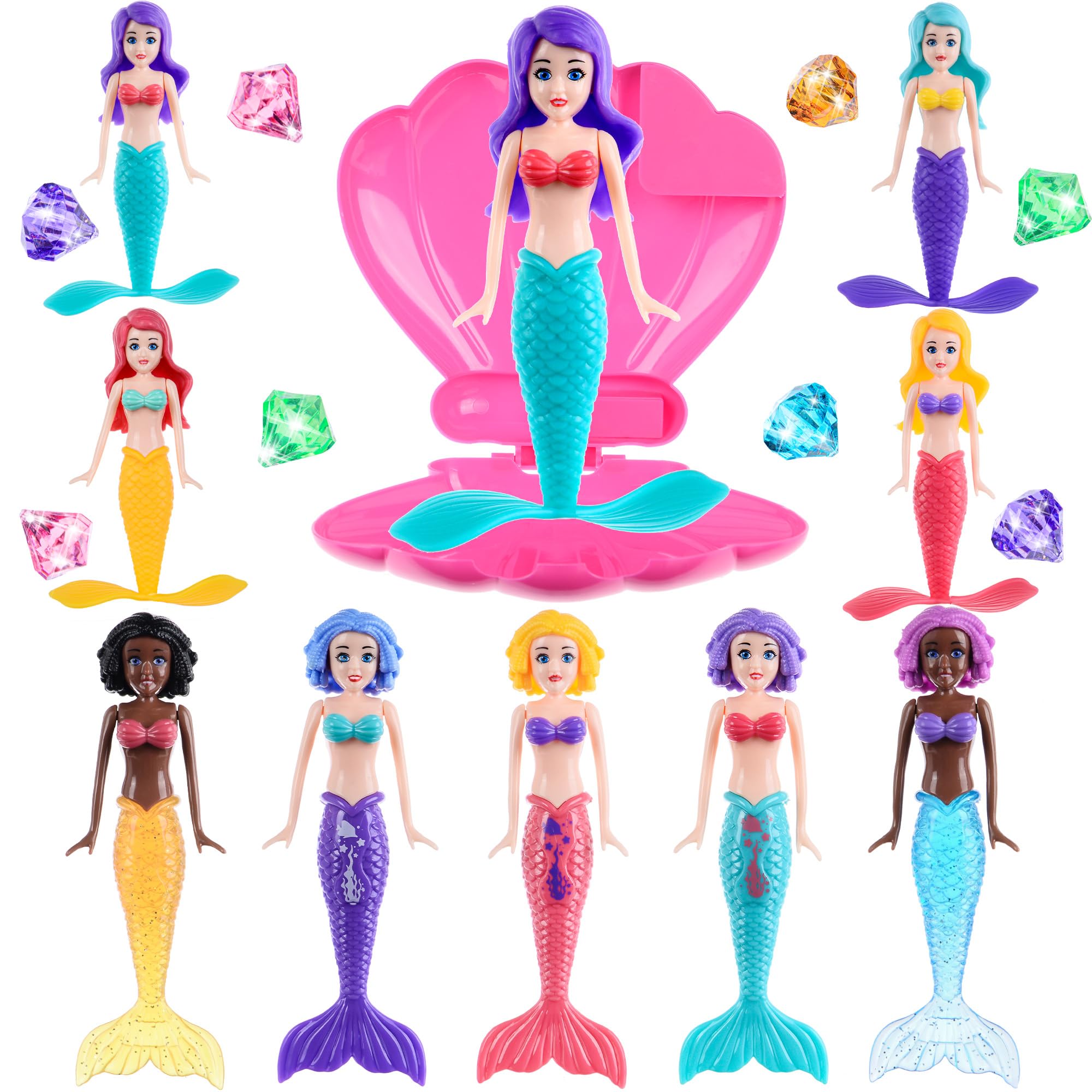 Dollbie Total 19pcs Swimming Pool Accessories Playset Include: 10pcs Diving Mermaid Princess Dolls, One Shell and 8pcs Diamonds Kids Pool Toys, Party Supplies & Water Toys for Kids (Gift Box Package)
