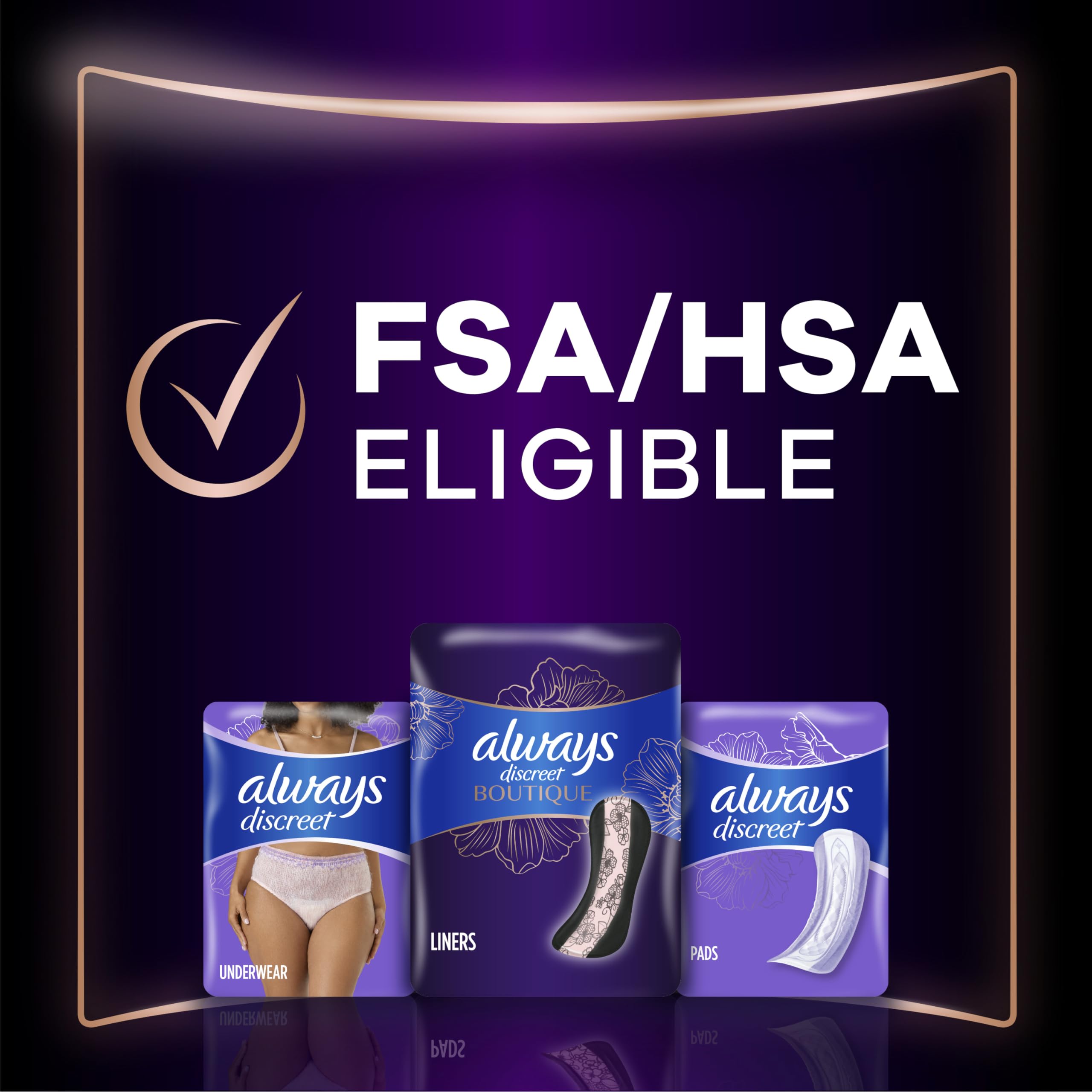 Always Discreet Boutique Incontinence Panty Liners for Bladder Leaks, Size 2, Very Light Absorbency, Long Length, 96 Count (3 Packs of 32)