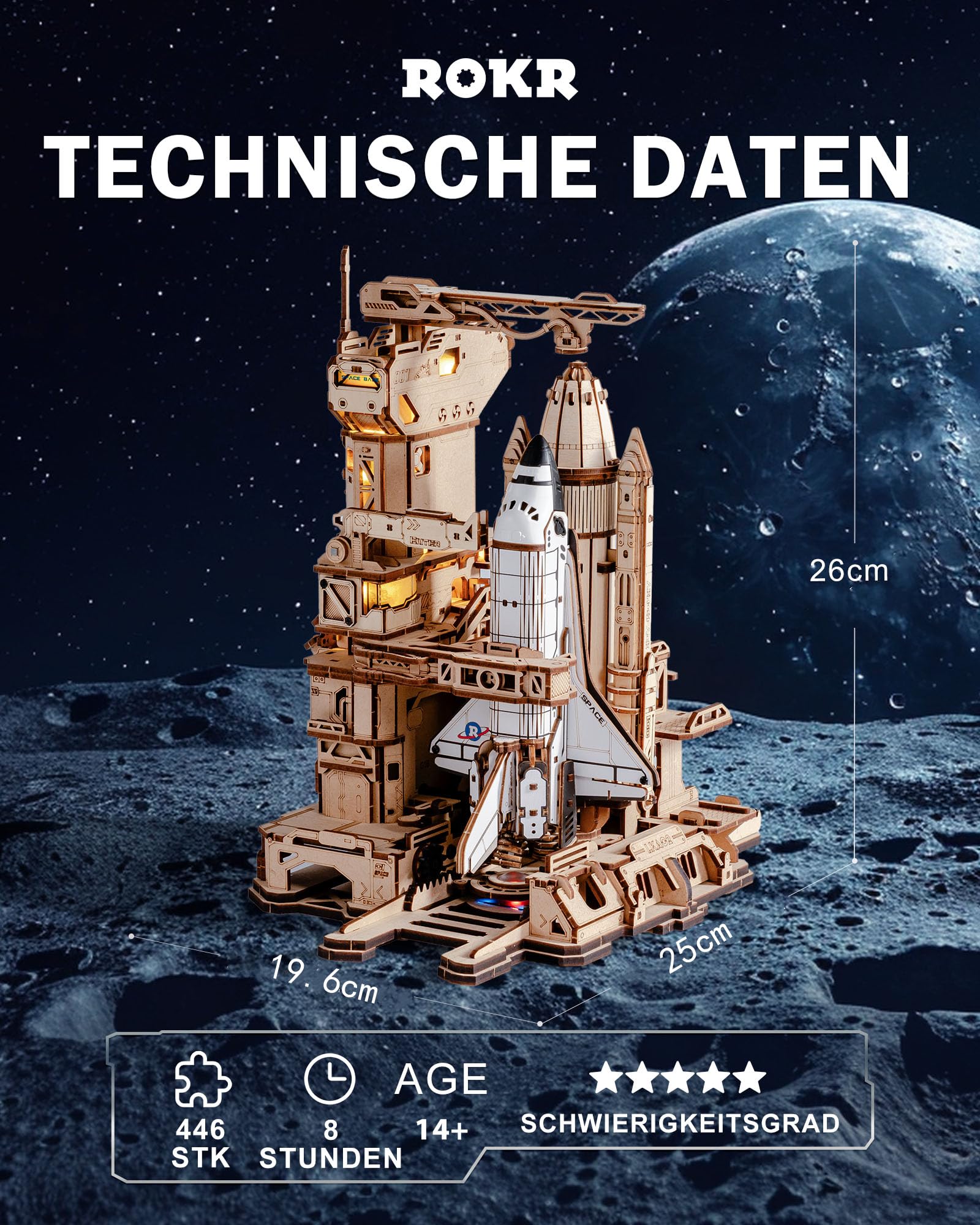 ROKR 3D Puzzle Holz Raumfähre, 3D Holzpuzzle Erwachsene Holzmodelle Bausätze, Geschenke für Weltraum-Enthusiasten, Space Shuttle, LKA02 3