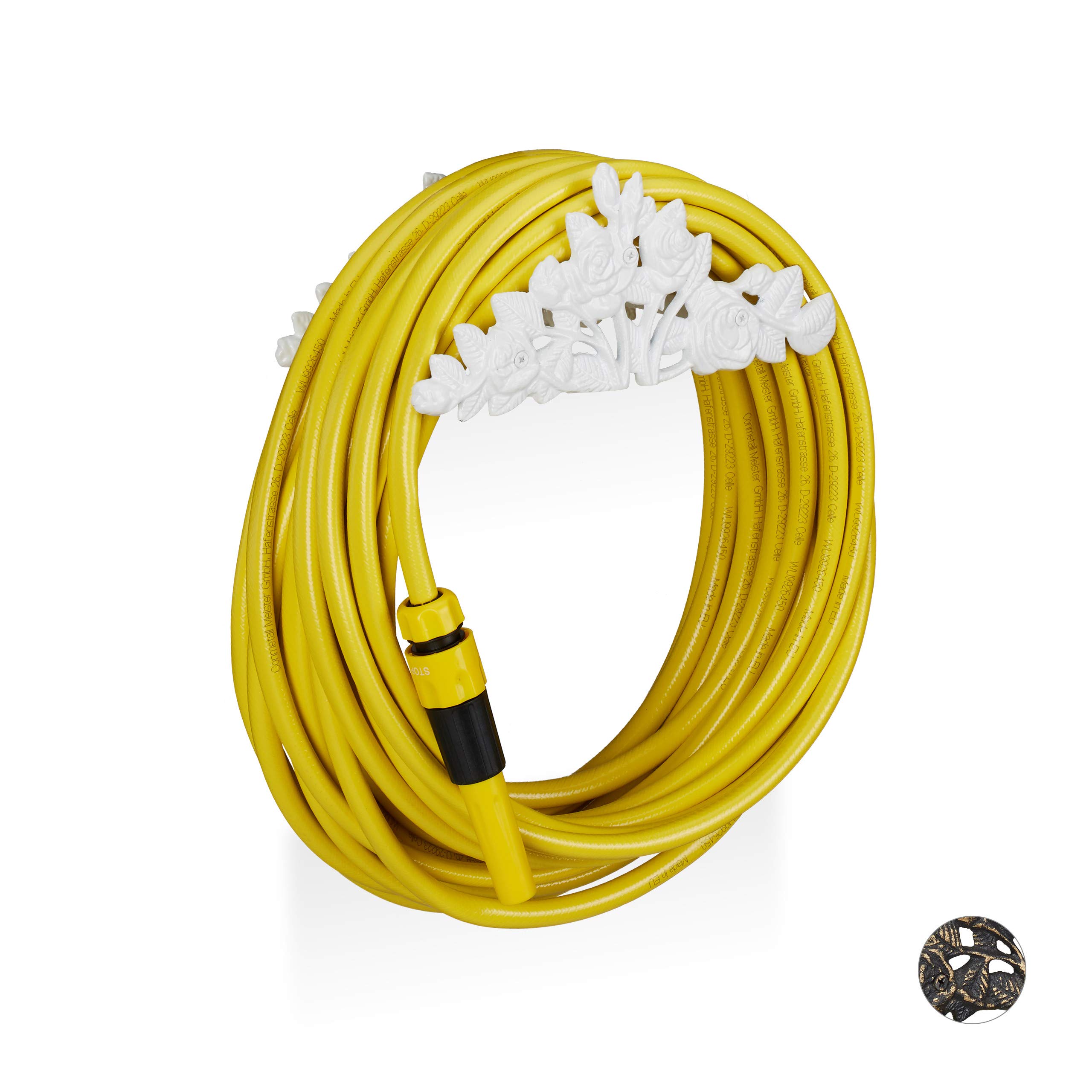 Relaxdays Antique Garden Hose Holder, Rose Motif, Cast Iron, Wall-Mount, Vintage, HxWxD: 13 x 27 x 15 cm, White