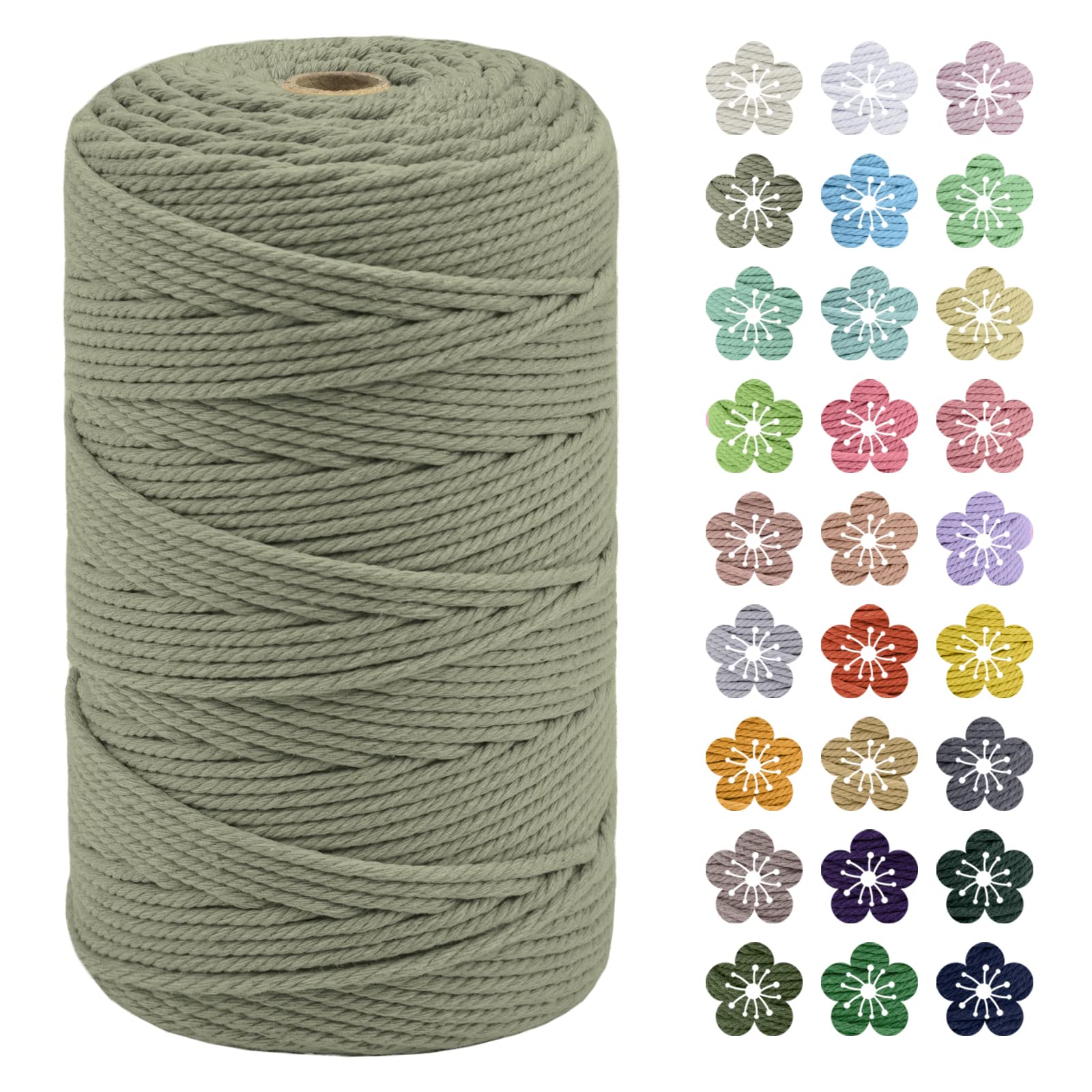 LEREATI Macrame Cord 3mm x 200m, Thick Macrame Rope Natural Cotton Rope Craft String, 4 Strand Twisted Cotton Cord Yarn for DIY Plant Hanger, Wall Hanging, Christmas Decoration (Bean green)