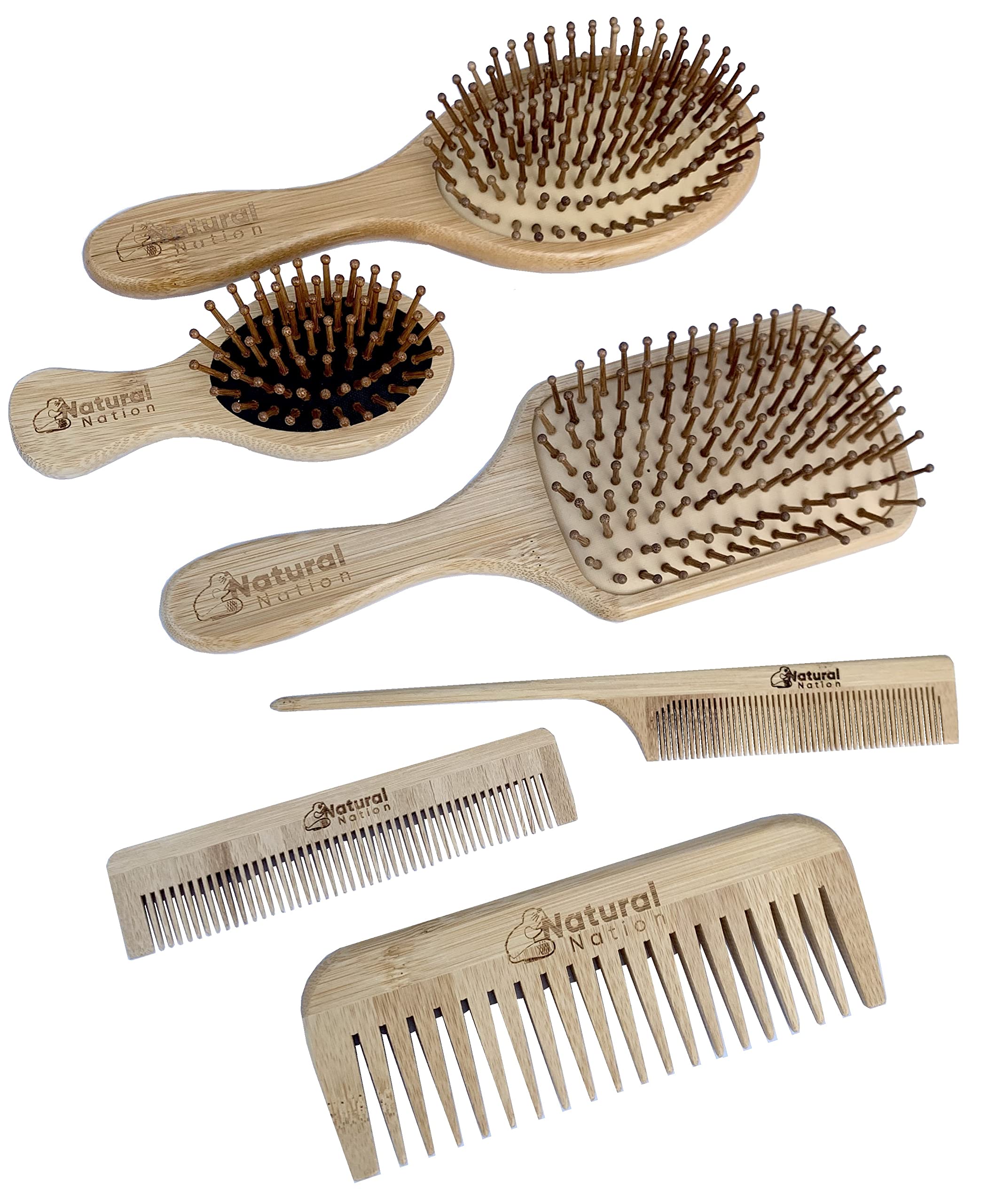 Set Of SIX Eco Friendly Beech Wood Professional Hair Care Set Stocking Filler 3 Air Cushioned Brushes 3 Wooden Combs Anti-Static