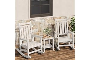 GARVEELIFE Poly Lumber Rocking Chair Outdoor Set of 2 with Side Table - HDPE High Back Porch Rocker Chairs for Adults - All Weather Resistant Furniture for Patio - White