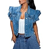 LifeShe Cropped Denim Jacket for Women Summer Ruffle Sleeve Button Down Crop Jean Jacket Casual