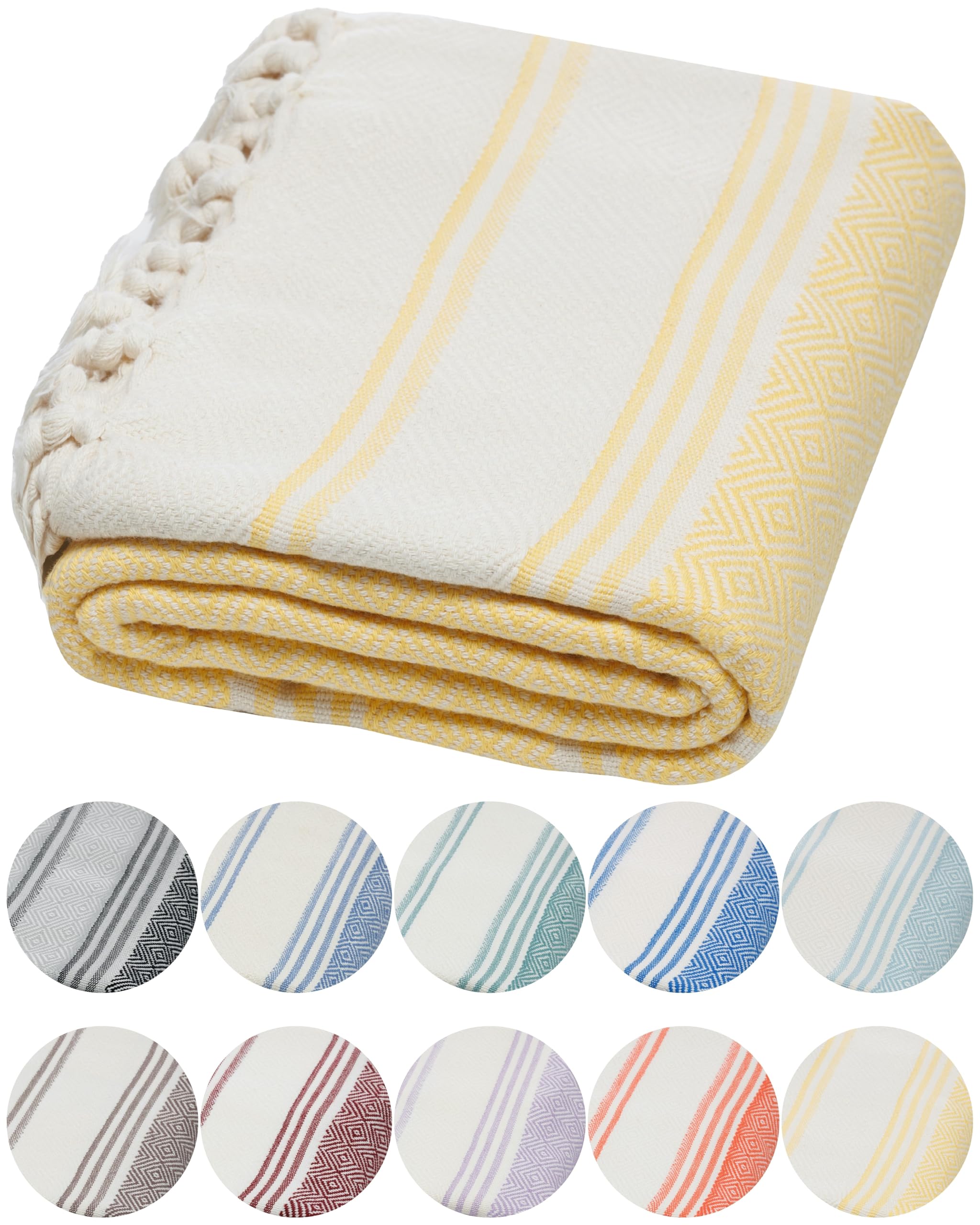 DEMMEX Certified 100% Organic Turkish Cotton Beach and Bath Towel - Hammam Peshtemal Towel, Blanket - Oversized, Quick Dry, Sand Free, Compact -Diamond Weave, Prewashed, Made in Turkey, 180x90, Lemon
