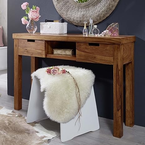 FineBuy Konsolentisch Massivholz | Kommode für Flur 115x80x35 cm | Design Konsole mit Schubladen und Ablage | Echt-Holz Anric