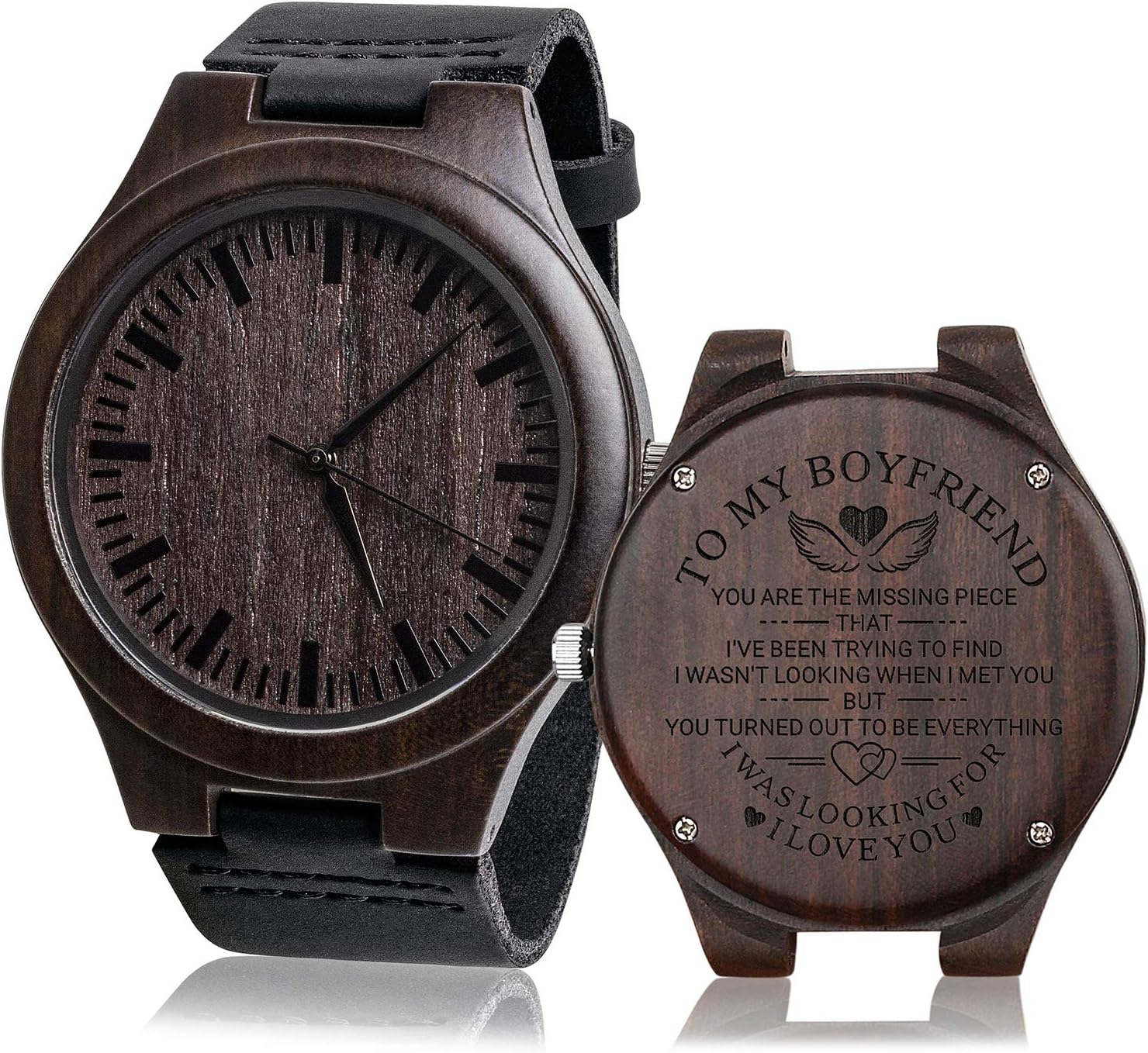 Custom Engraved Mens Vintage Analog Quartz Wooden Wrist Watches Handmade Casual Men Watch with Cowhide Leather Strap Personalized Gifts for Men Husband Boyfriend Birthday Christmas