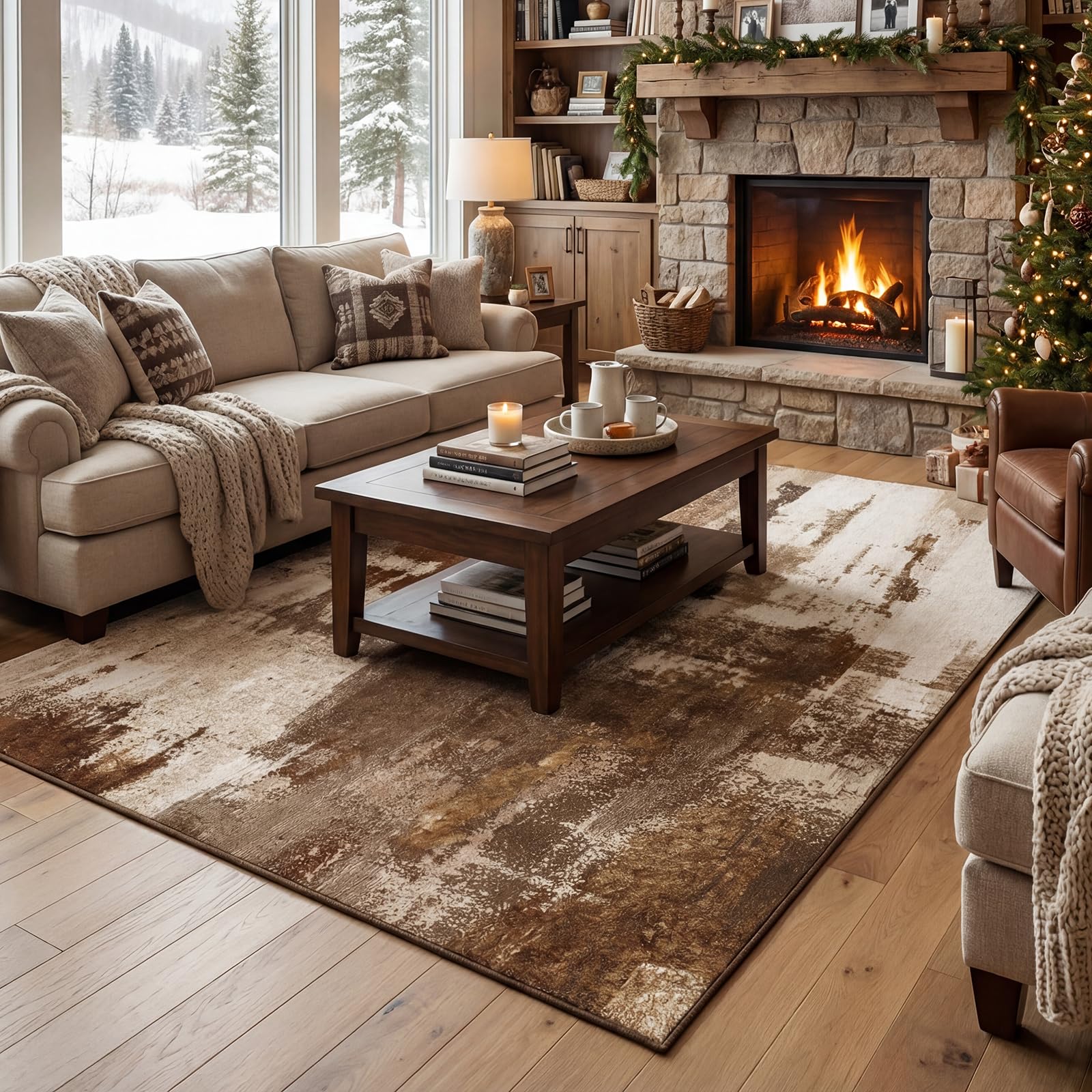 Photo 1 of Merelax 6x9 Brown Area Rug for Living Room, Large Washable Boho Abstract Bedroom Rugs, Coffee Modern Non Silp Dining Room Playroom Area Rugs, Soft Low Pile Carpet for Office Study