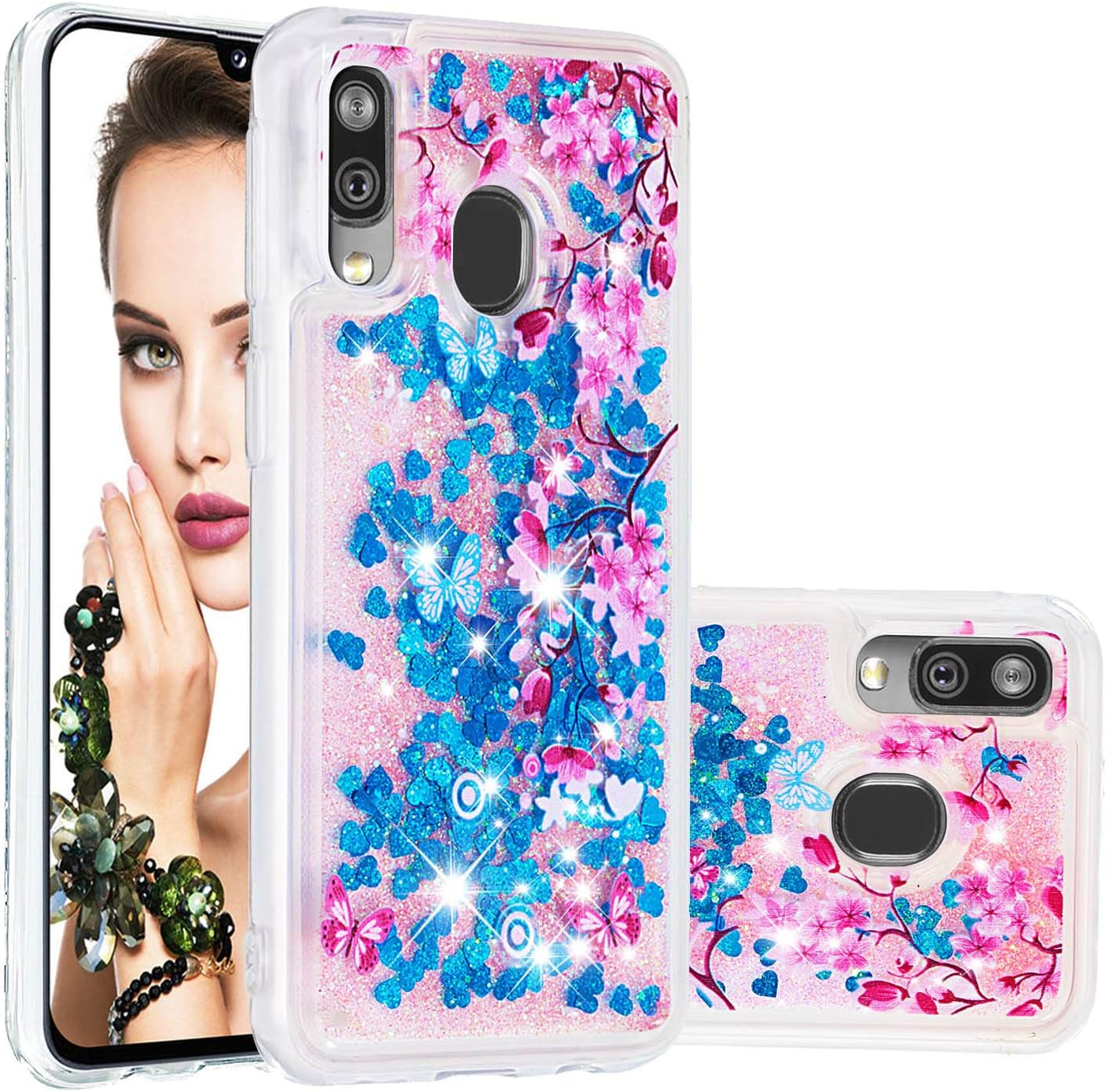 WIWJ Compatible with Samsung Galaxy A40 Phone Case Glitter Flowing Liquid Floating Bling Shiny Sparkle Case Clear Soft TPU Silicone Case Shockproof Cover For Samsung Galaxy A40-Blue