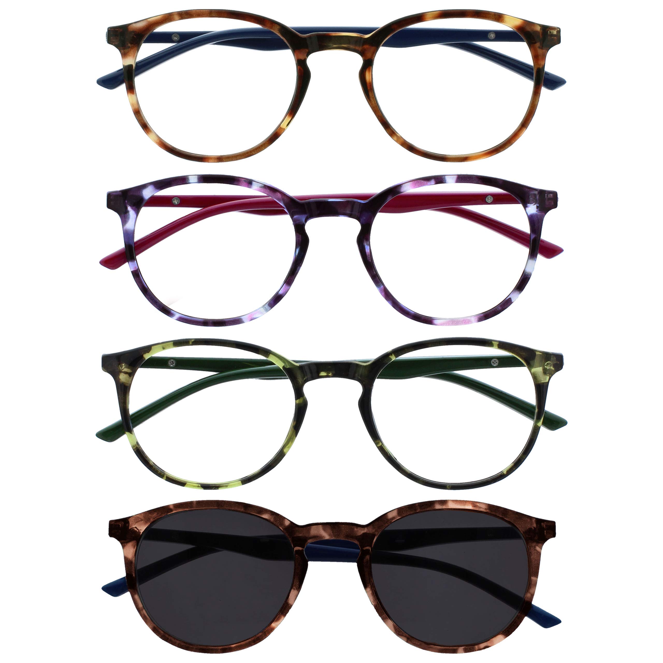OPULIZE MET Reading Glasses and Reading SunGlasses for Women Men, Round Frame, Brown,Purple,Green,Brown Sun +3 (Pack of 4)