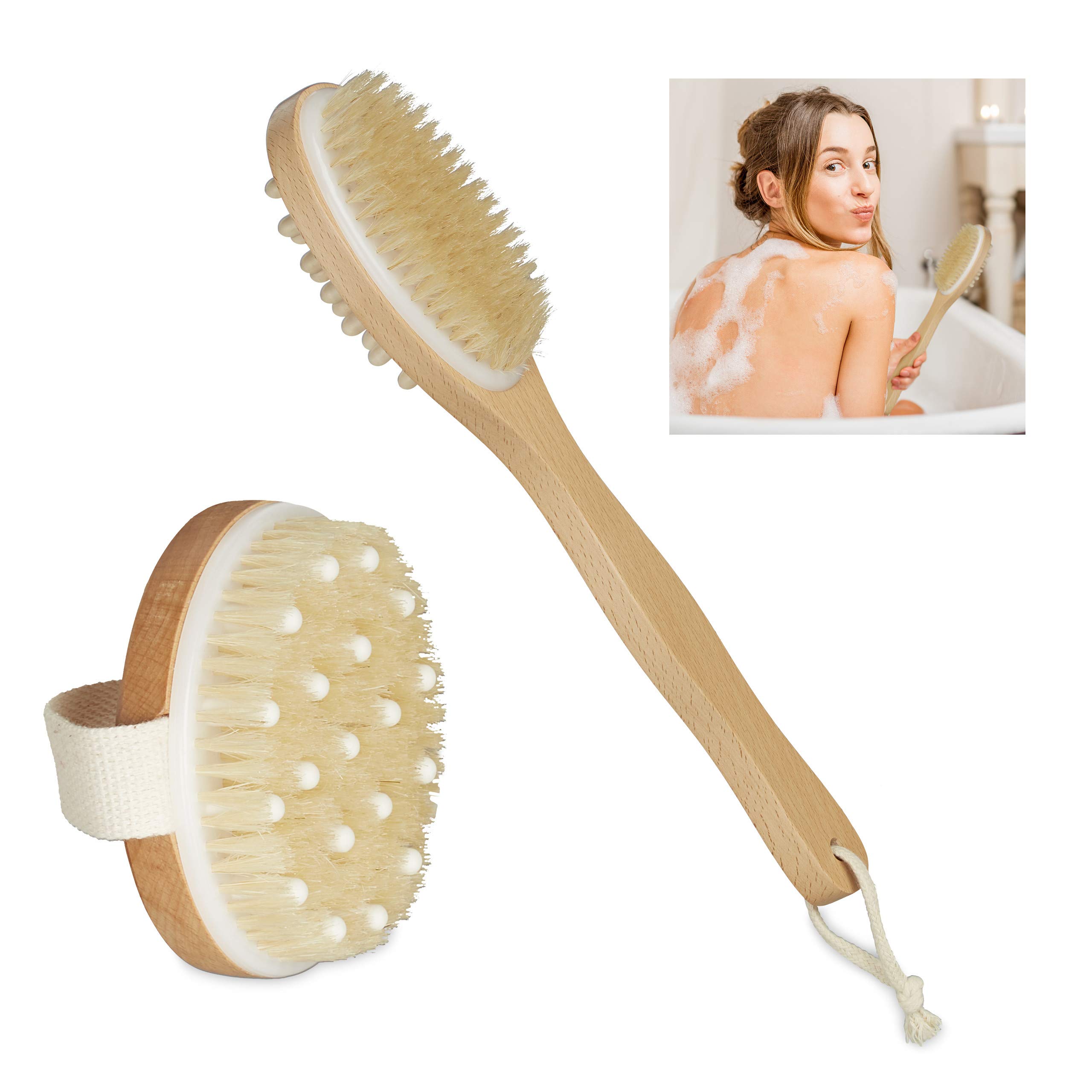 Relaxdays Dry Brush, Set of 2, Natural Bristles, for Back Massages, with Handle, Round, Sauna, Made of Wood, 35 x 7 x 5 cm