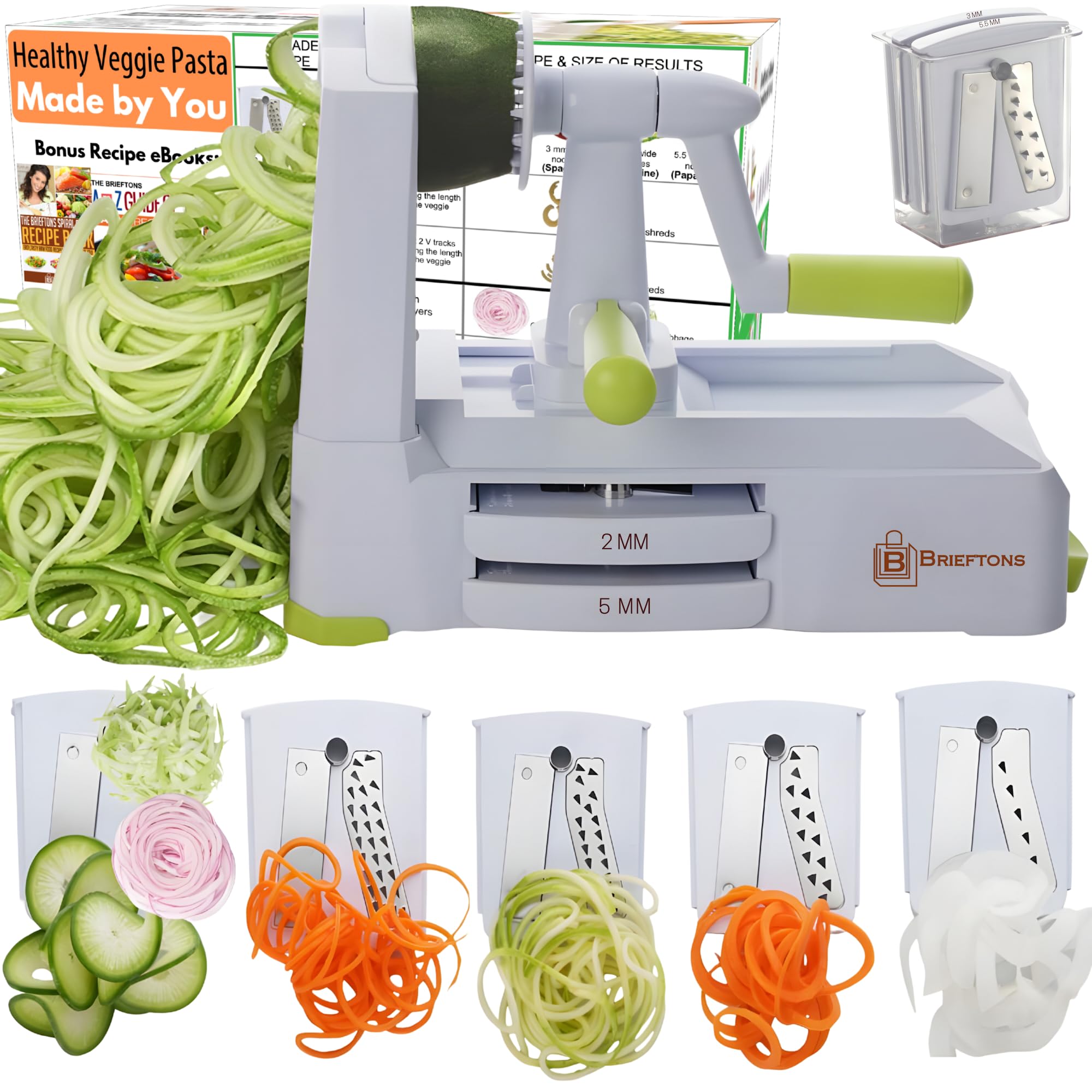 Brieftons 5-Blade Vegetable Spiralizer: Strongest-Heaviest Spiral Slicer, Best Veggie Pasta Spaghetti Maker for Low Carb/Paleo/Gluten-Free/Vegan Meals, With Extra Blade Caddy, 4 Recipe Ebooks